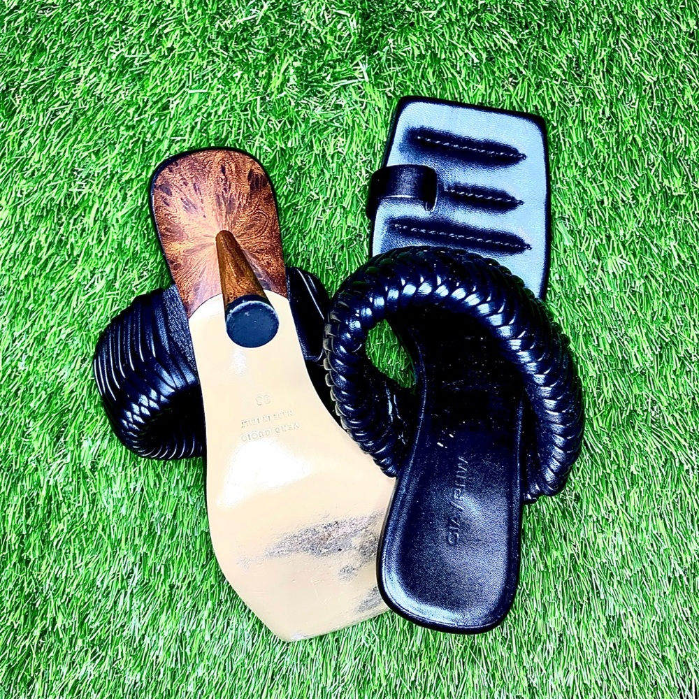 Gia Borghini Black and Tan Slide Sandals with Quilted Strap
